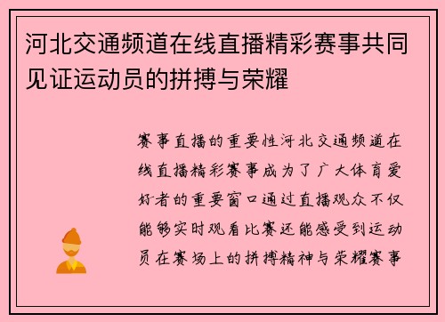 河北交通频道在线直播精彩赛事共同见证运动员的拼搏与荣耀